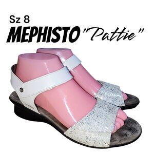 MEPHISTO PATTIE Sz 8 Silver Metallic/White Summer Comfort Club Logo Sandals